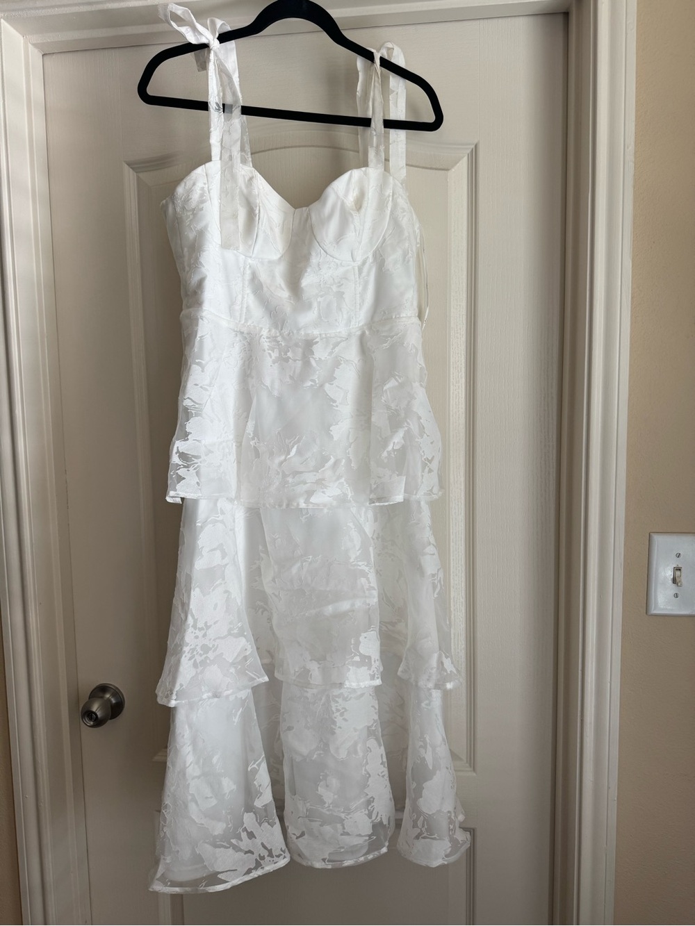 Lulu's White Tiered Floral Organza Midi Dress with Tie Straps